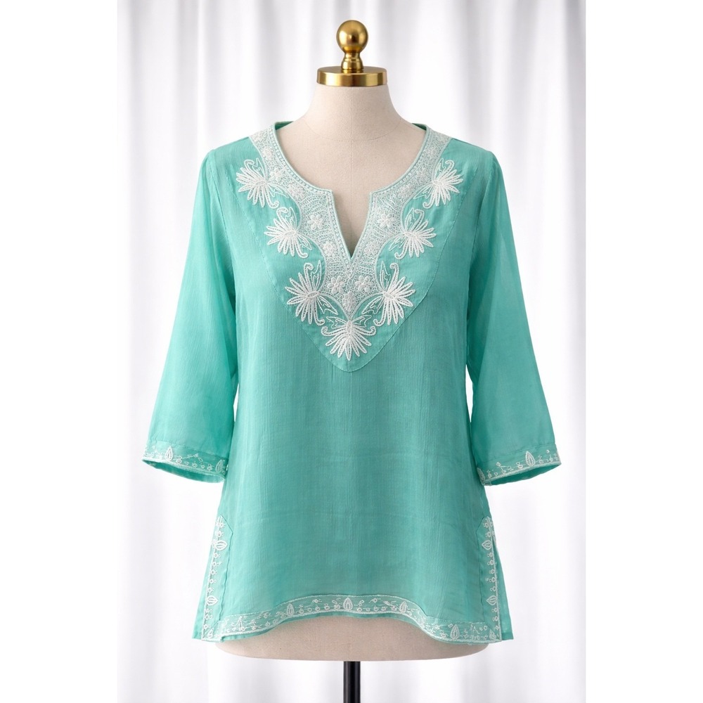 Soft Surroundings Tunic Top‎ Crinkle Gauze Sheer Embroidered V-neck Boho Size M